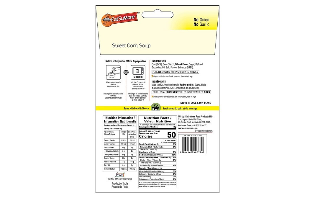 EatSuMore Sweet Corn Soup    Pack  72 grams